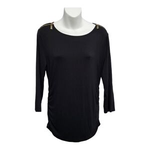 CHAUS Black Pullover Zipper Detail Side Ruched Blouse Size M